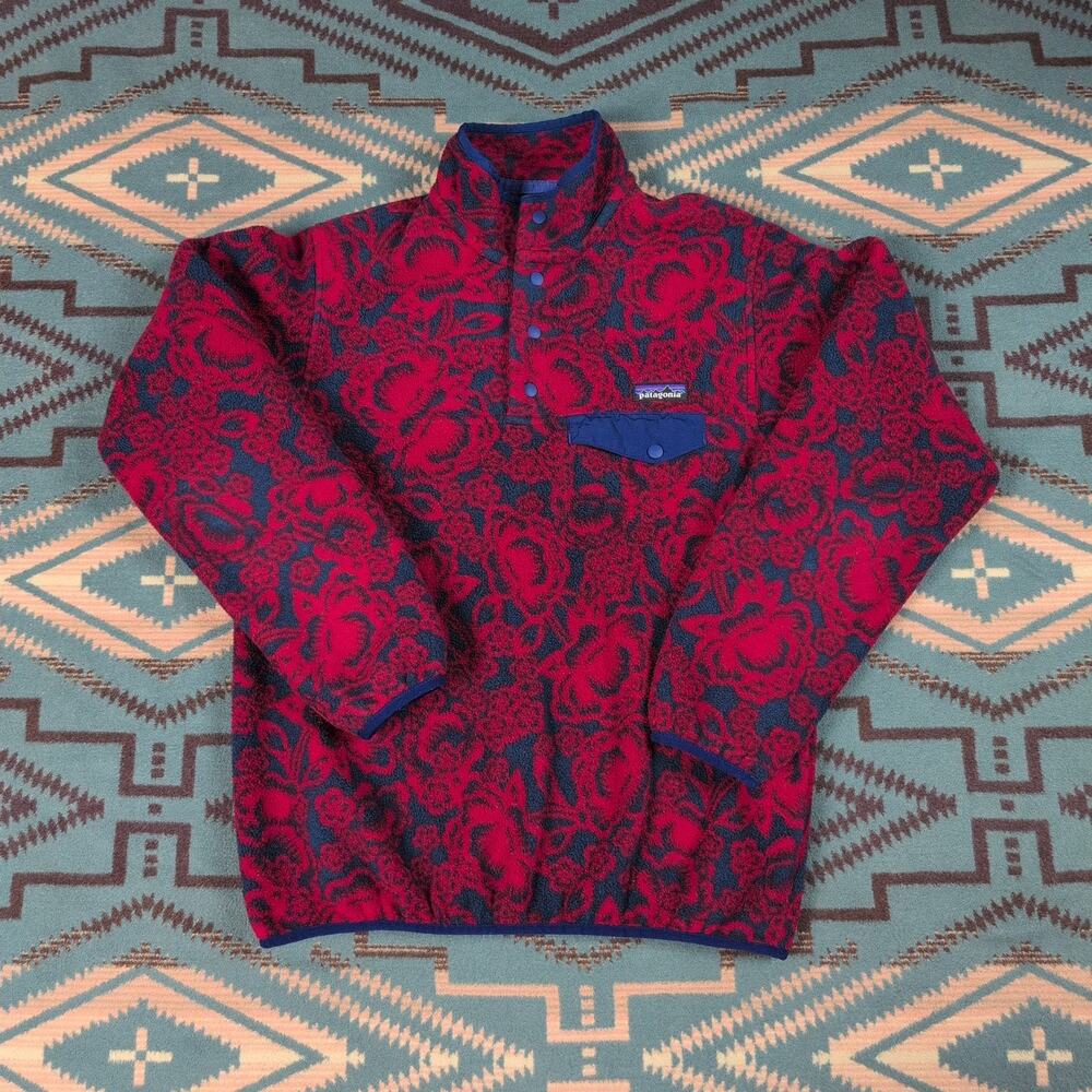 Patagonia Synchilla Snap T Fleece Pullover Jacket Medium Red Lotus Flower Roses